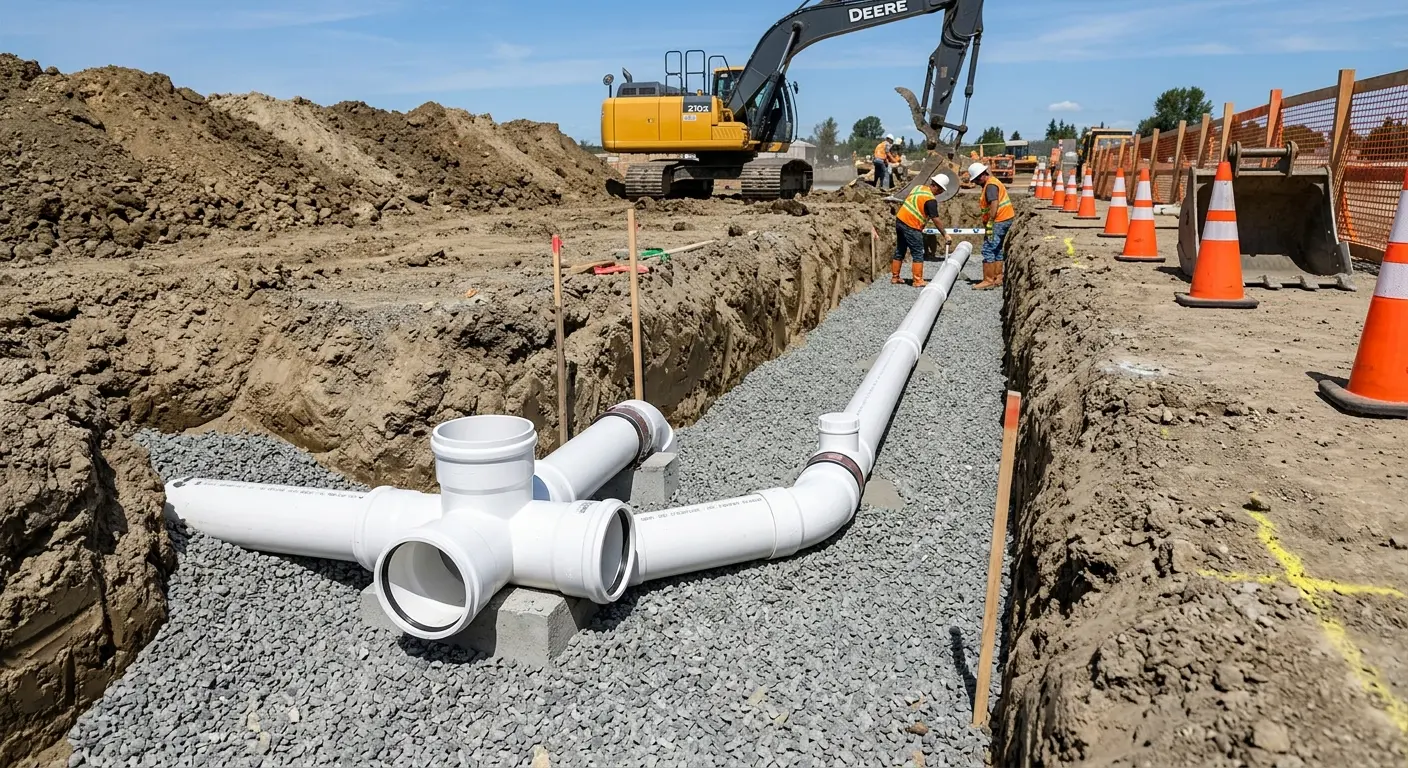 New PVC sewer pipe installation in open trench for Grease Trap Cleaning in Kaukauna