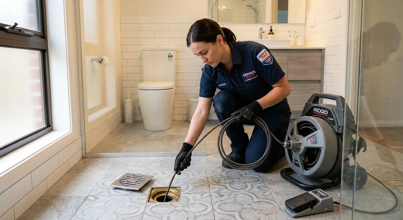 Technician clearing a bathroom floor drain for Drain Repair in Kaukauna